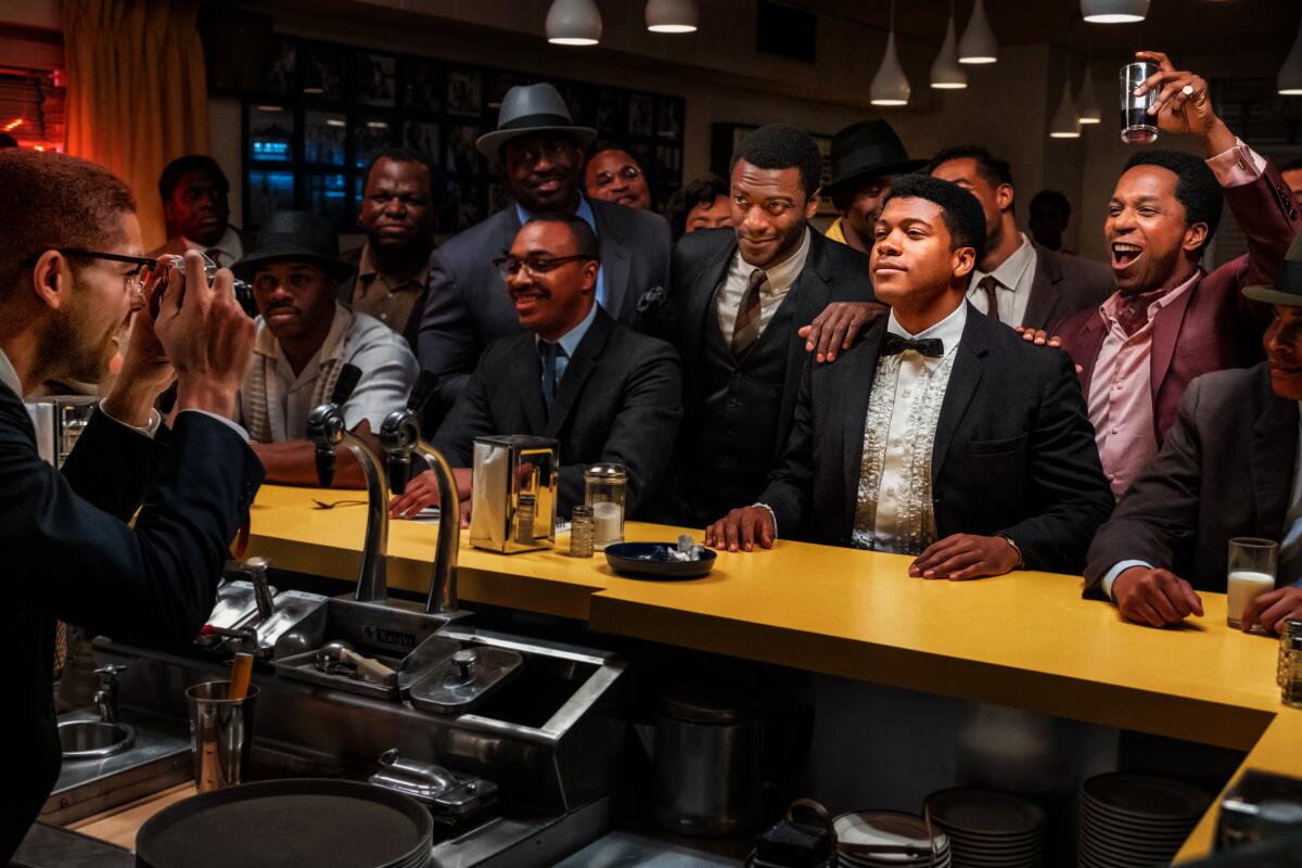 Kingsley Ben-Adir (far left) portrays Malcolm X in the upcoming movie "One Night in Miami."