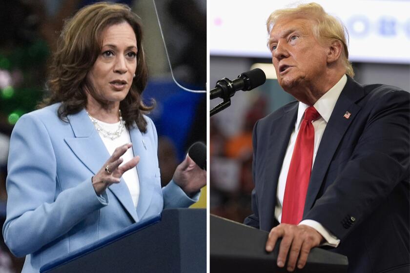 This combination of photos taken at campaign rallies in Atlanta shows Vice President Kamala Harris on July 30, 2024, left, and Republican presidential candidate former President Donald Trump on Aug. 3. (AP Photo)