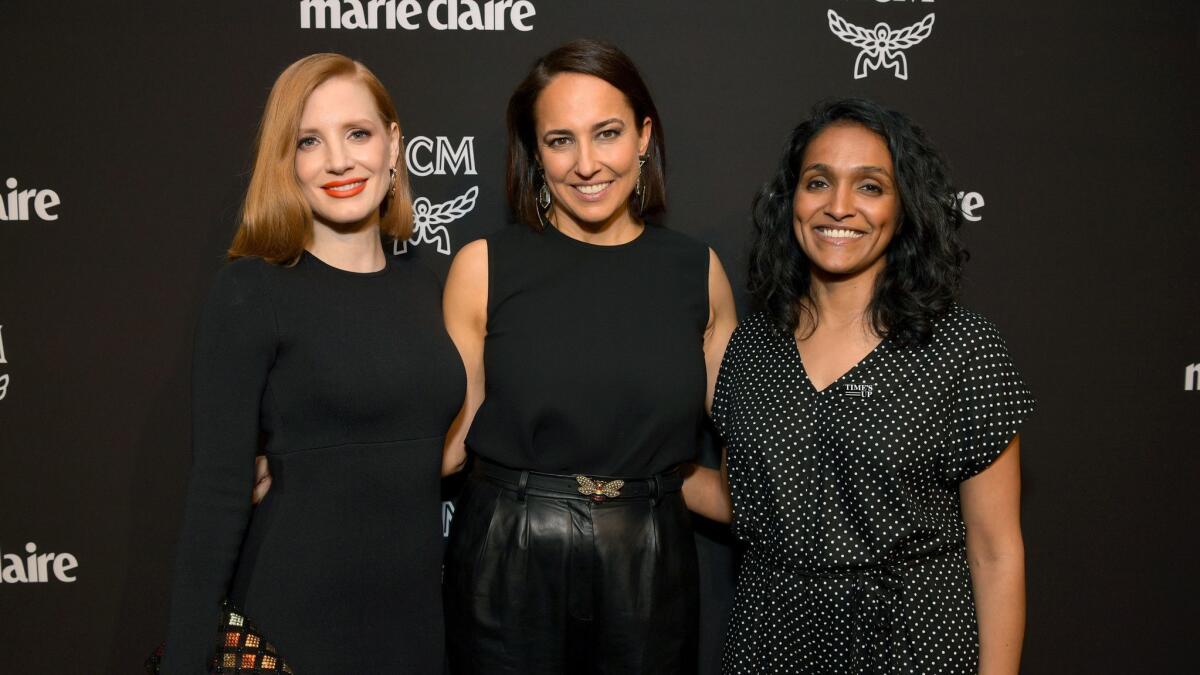 Jessica Chastain, from left, Marie Claire Editor in Chief Anne Fulenwider and Nithya Raman at Marie Claire's Change Makers event in West Hollywood on Tuesday.