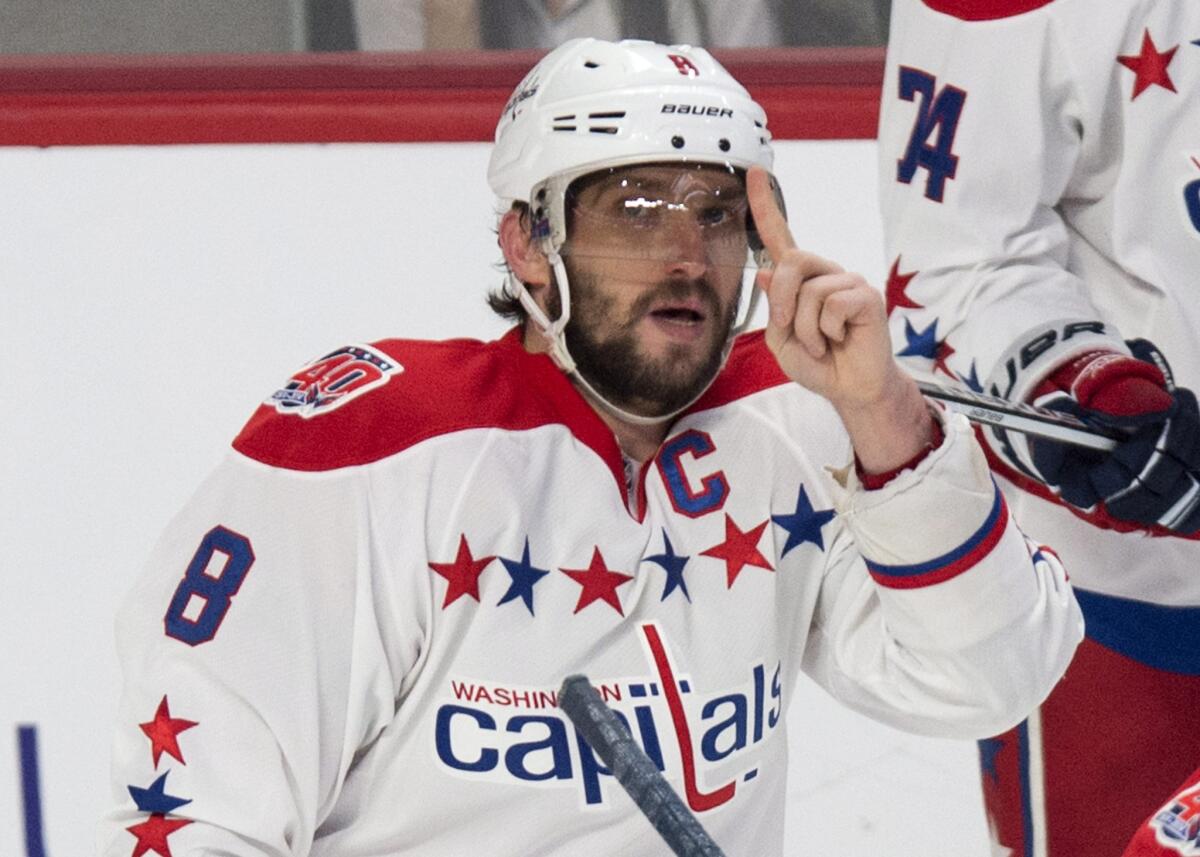 Capitals forward Alex Ovechkin celebrates his 51st goal of the season last week. He has 52 goals on the season as he leads the race for the Maurice Richard Trophy.