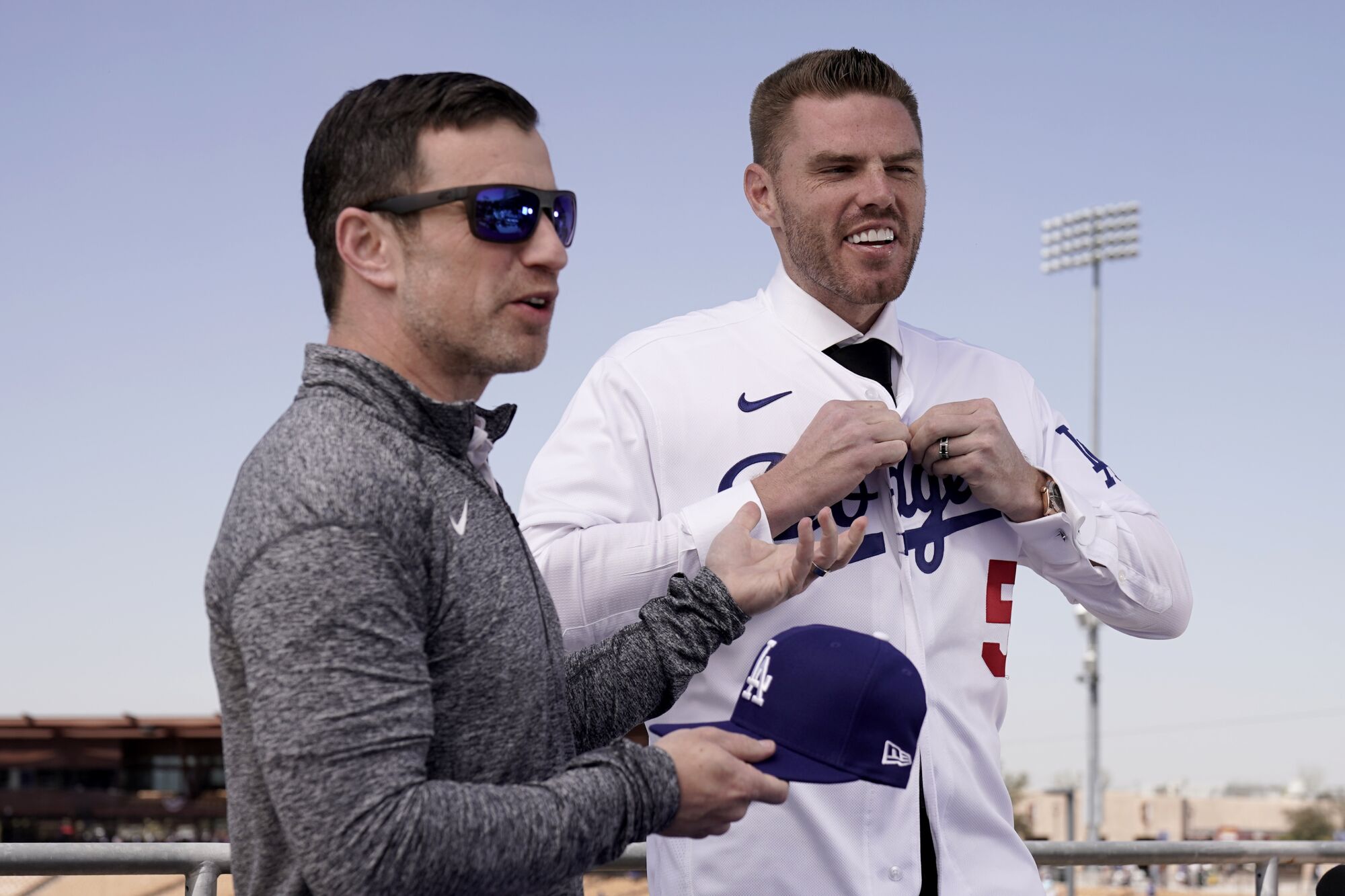 Dodgers president of baseball operations Andrew Friedman announces the arrival of Freddie Freeman on March 18 in Phoenix.