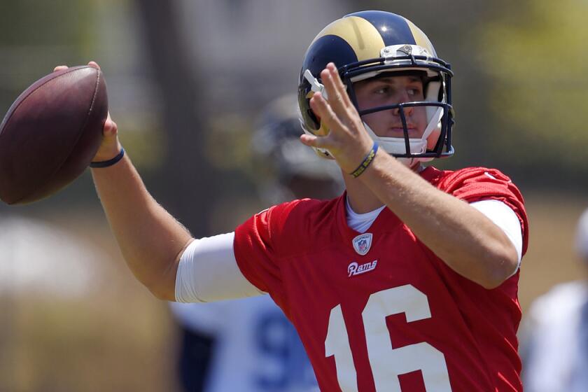 Rams quarterback Jared Goff passes during practice Friday in Oxnard.