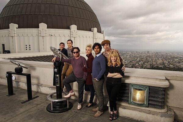 The cast from 'The Big Bang Theory' takes in the daytime view at Griffith Observatory. From left: Mayim Bialik, Jim Parsons, Johnny Galecki, Kaley Cuoco, Kunal Nayyar, Simon Helberg and Melissa Rauch.