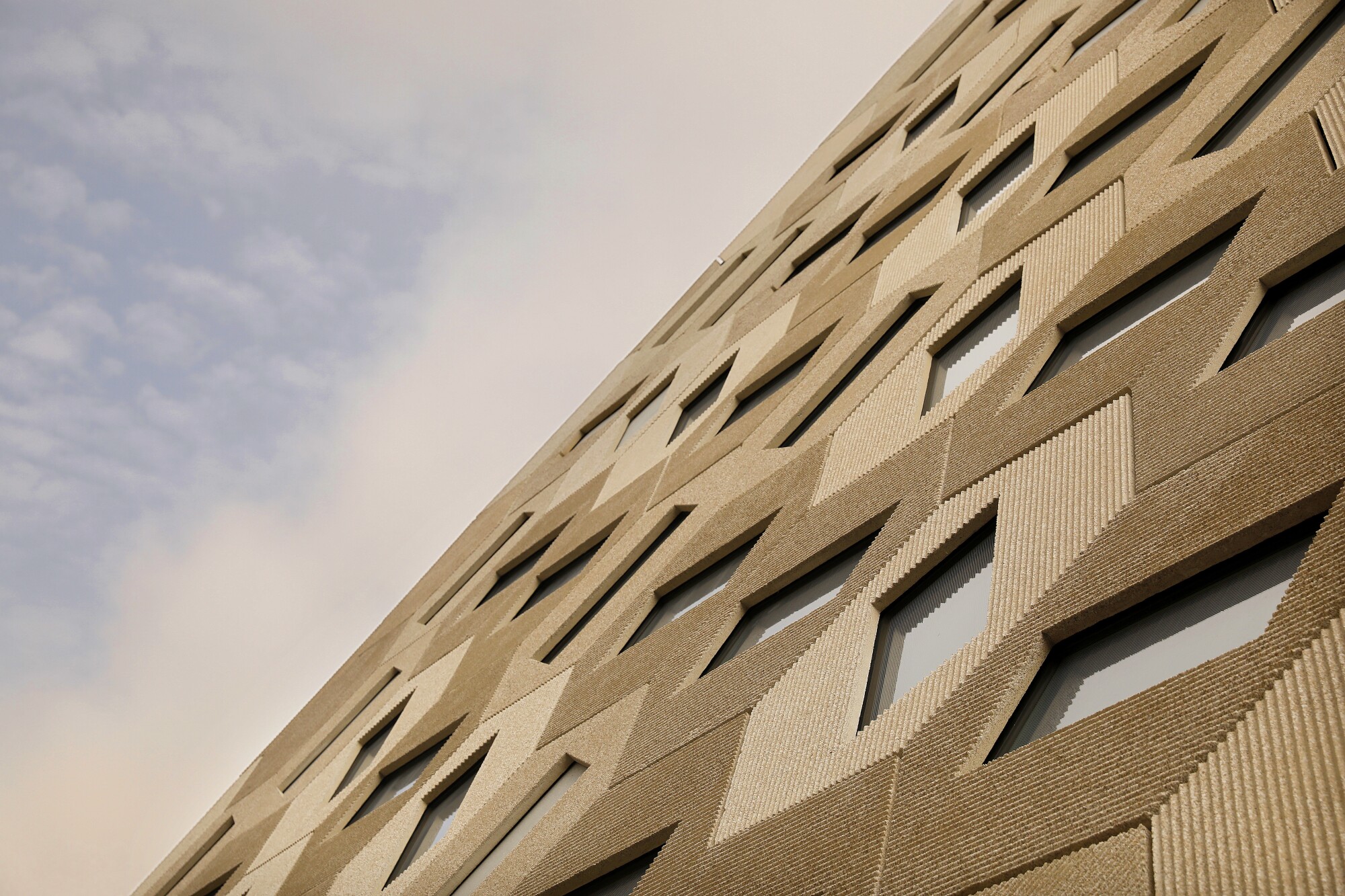 Vista da fachada hexagonal em favo de mel do novo pavilhão Audry Irmas.