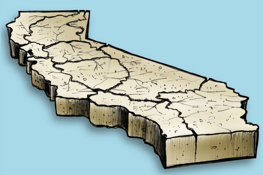 An illustration of the map of California as cracked, dry land