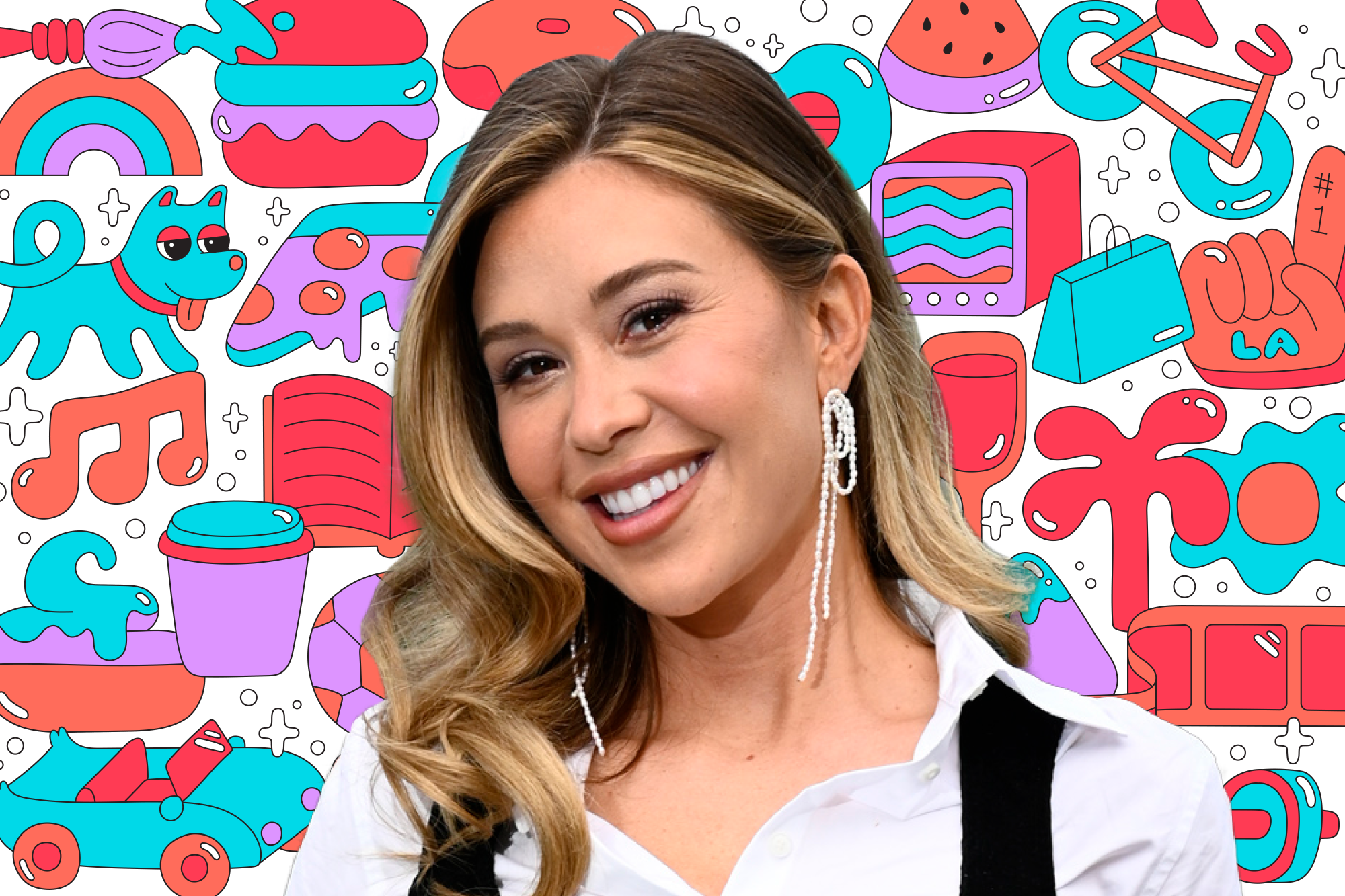 Photo of a person on a background of colorful illustrations like a book, dog, pizza, TV, shopping bag, and more
