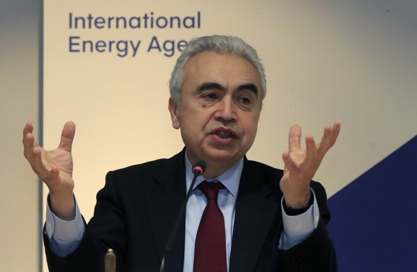 FILE - Executive Director of the International Energy Agency Fatih Birol speaks Wednesday, Nov. 13, 2019 in Paris. The head of the International Energy Agency has blamed Russia for much of Europe’s ongoing natural gas crisis. Fatih Birol said Wednesday, Jan. 12, 2022 that high prices and low storage levels largely stem from the behavior of state-owned gas supplier Gazprom. (AP Photo/Michel Euler, File)