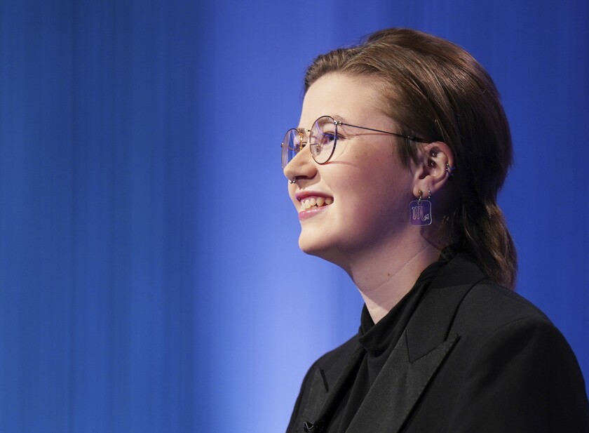 This image released by Sony Pictures Television shows Mattea Roach, a 23-year-old Canadian contestant on the game show "Jeopardy!" (Tyler Golden/Sony Pictures Television via AP)