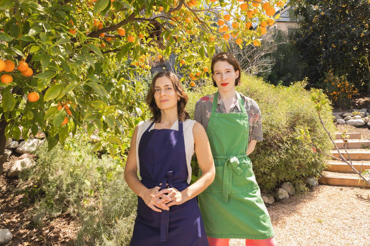 Sara Kramer and Sarah Hymanson stand in a garden wearing aprons.