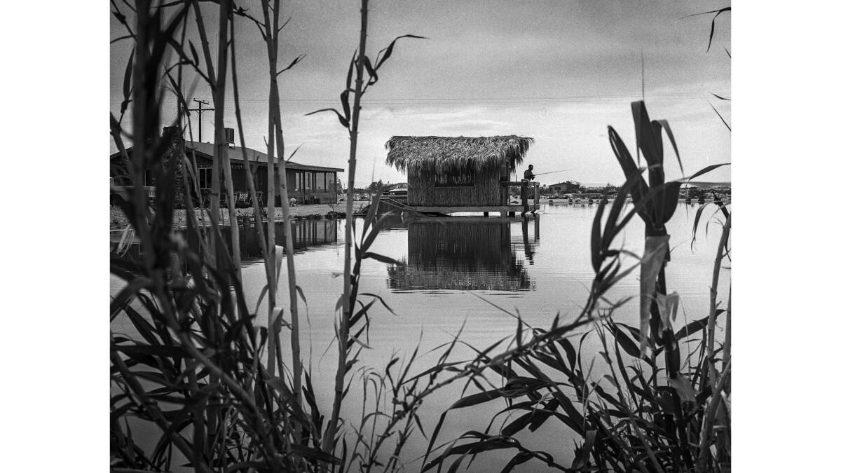 March 27, 1965: Eugene Cowell fishes from Tiki house in his one-acre lake, one of the 35 which have blossomed in the desert community of Newberry Springs.