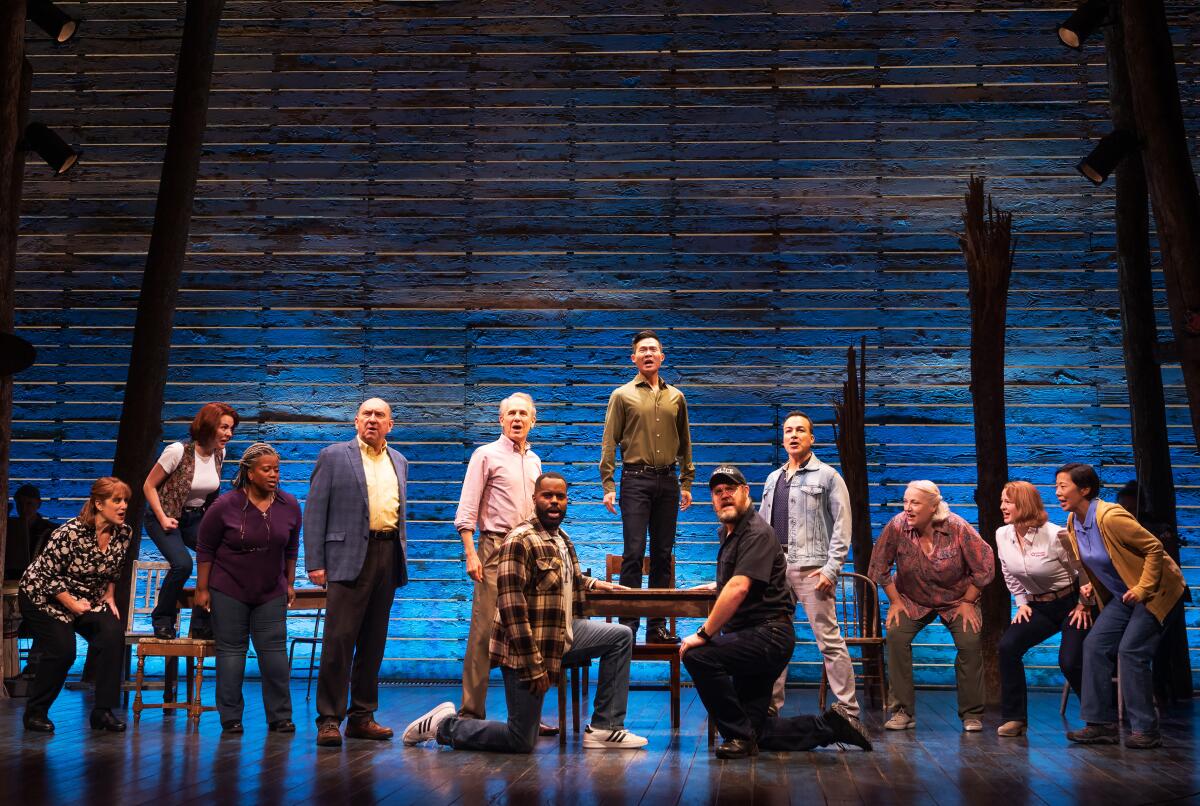 This image released by Polk & Co. shows the cast for the Tony Award winning musical "Come From Away," in New York. The show will close on Oct. 2 after a five-year run. (Matthew Murphy/Polk & Co. via AP)