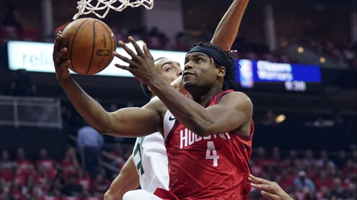 Rockets forward Danuel House Jr. drives to the basket during Houston's 100-93 victory in Game 5 of the NBA Western Conference quarterfinals on April 24, 2019.