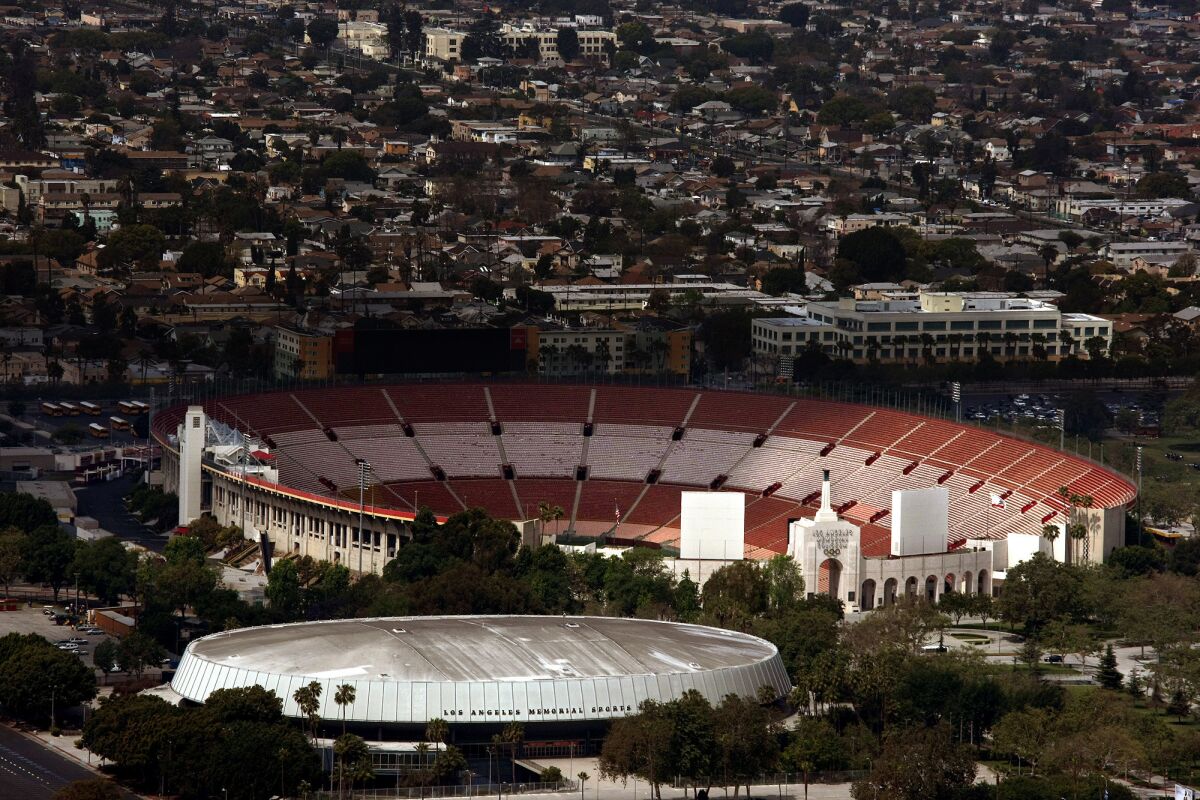 Aerial view of the Los Angeles Memorial Coliseum, where a security guard alleges he was trampled by fans after USC's football team beat Stanford.