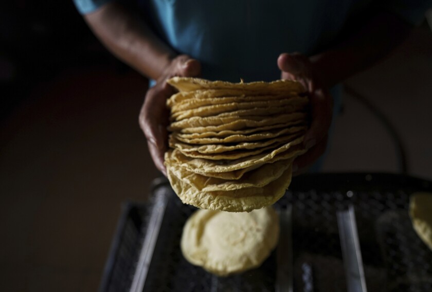 Un empleado empaca tortillas para vender a 20 pesos mexicanos por kilo, aproximadamente un dólar, en una tortillería en Ciudad de México, el lunes 9 de mayo de 2022. (AP Foto/Fernando Llano)
