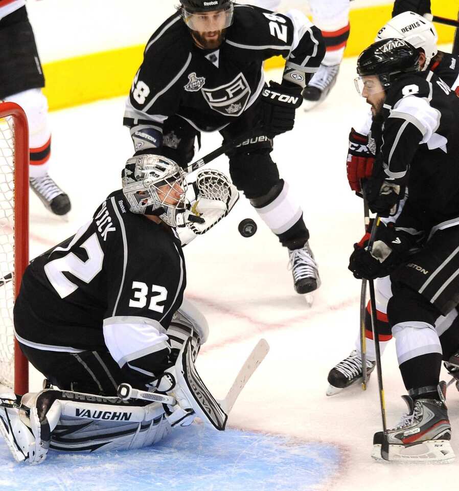 Kings goalie Jonathan Quick makes a save during the second period of the Kings' 4-0 victory over the New Jersey Devils in Game 3 of the Stanley Cup Final at Staples Center.