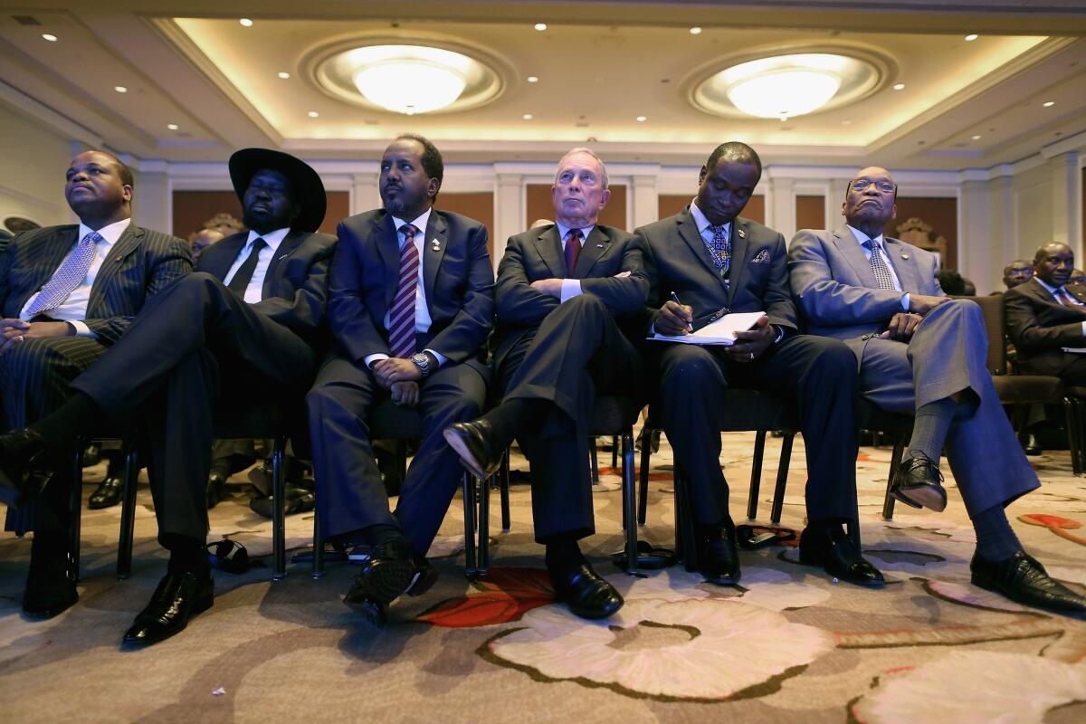 From left, Swaziland King Mswati III, South Sudan President Salva Kiir Mayardit, Djbouti President Ismail Omar Guelleh, former New York Mayor Michael R. Bloomberg, South Africa President Jacob Zuma and other African leaders listen to President Obama in Washington on Tuesday.