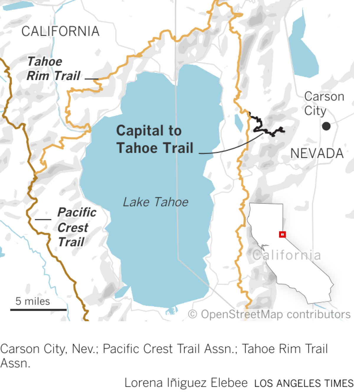 Map showing the Capital-to-Tahoe Trail connecting to Tahoe Rim Trail that borders Lake Tahoe.