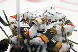 Vegas Golden Knights players celebrate together after Ivan Barbashev scored a goal during the second period of Game 6.