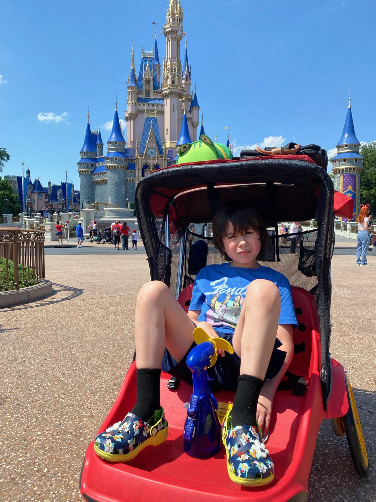 A boy sits in a stroller at a Disney theme park. Cinderella's castle is in the background.