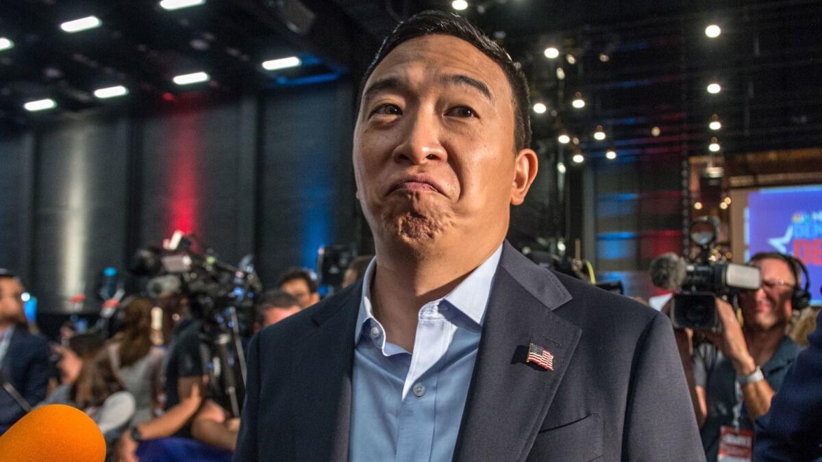 Former tech executive Andrew Yang went tieless on Night 2 of the Democratic debates Thursday in Miami.