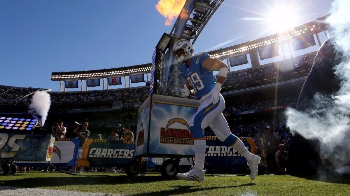 Chargers rookie Joey Bosa takes the field at Qualcomm Stadium in San Diego before a game on Nov. 6.