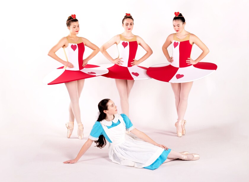 Emilia Wightlin dancing as Alice on March 26 with Lexi Schultz, Julia Lopatka and Fiona O’Keefe as cards.