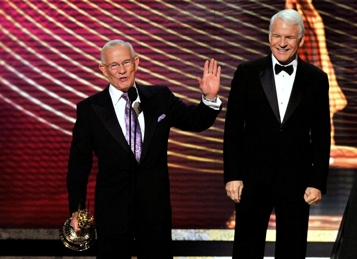 Tommy Smothers and Steve Martin onstage during the 60th Primetime Emmy Awards.