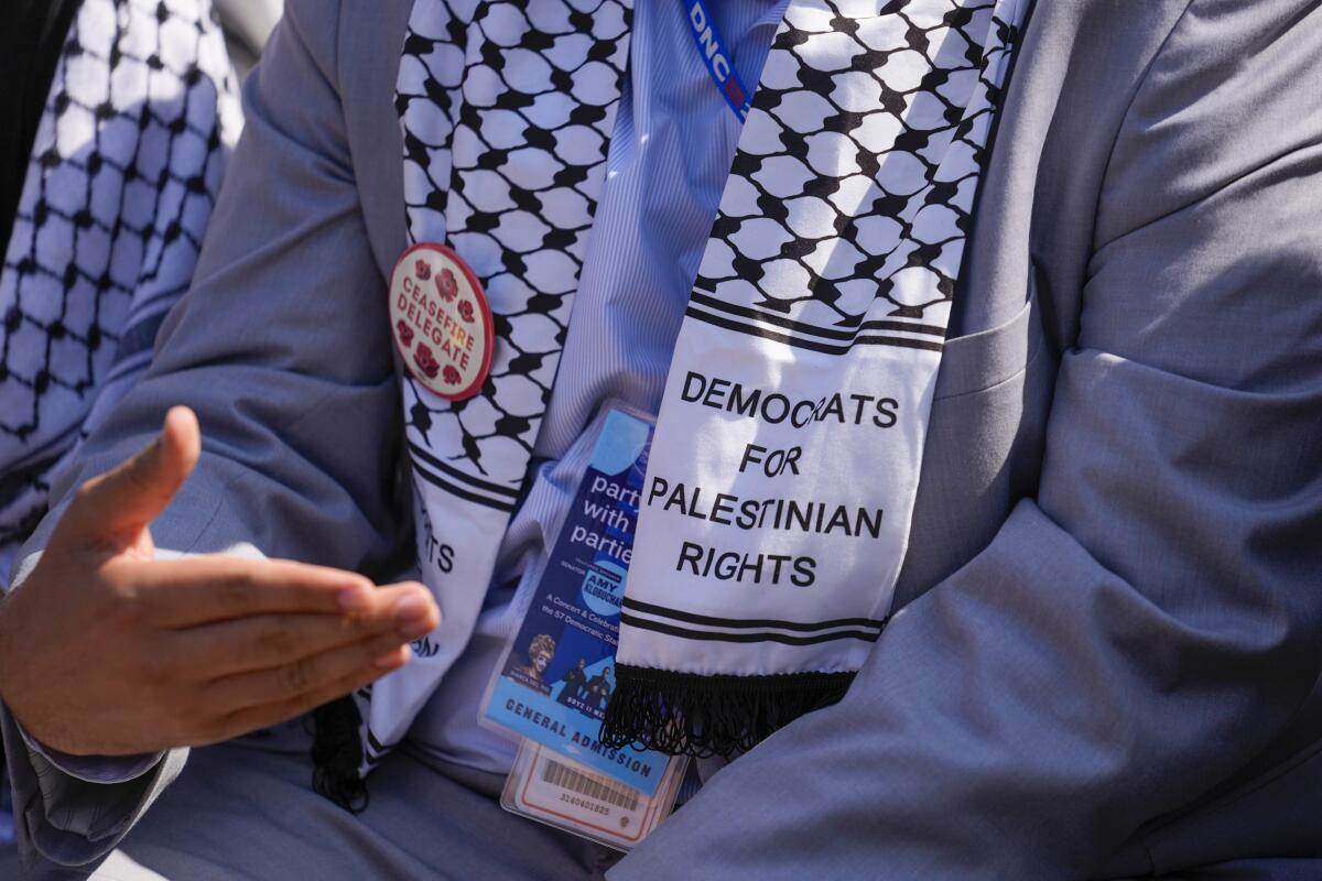 An up-close photo of a person wearing a kaffiyah that says "Democrats for Palestinian rights"