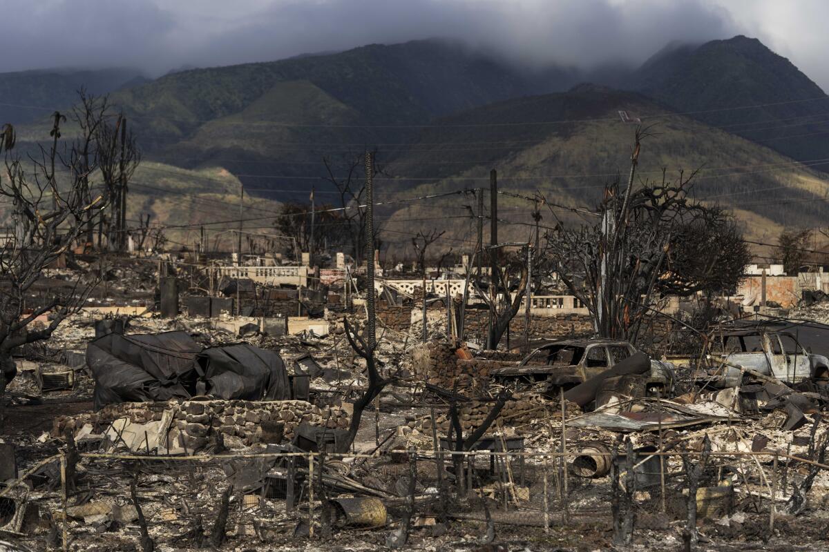 Buildings are destroyed after a wildfire in Lahaina, Hawaii.
