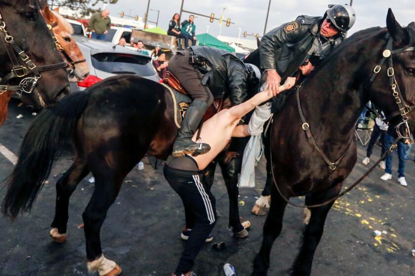 A fan is taken into custody after violence erupted in Parking Lot M as Philadelphia Police and Pennsylvania State Troopers on horseback tried to disperse fans who were tailgating hours before the Philadelphia Eagles were scheduled to host the Minnesota Vikings in the NFC championship NFL football game Sunday, Jan. 21, 2018, in Philadelphia. (Andrew Mills/NJ Advance Media via AP)