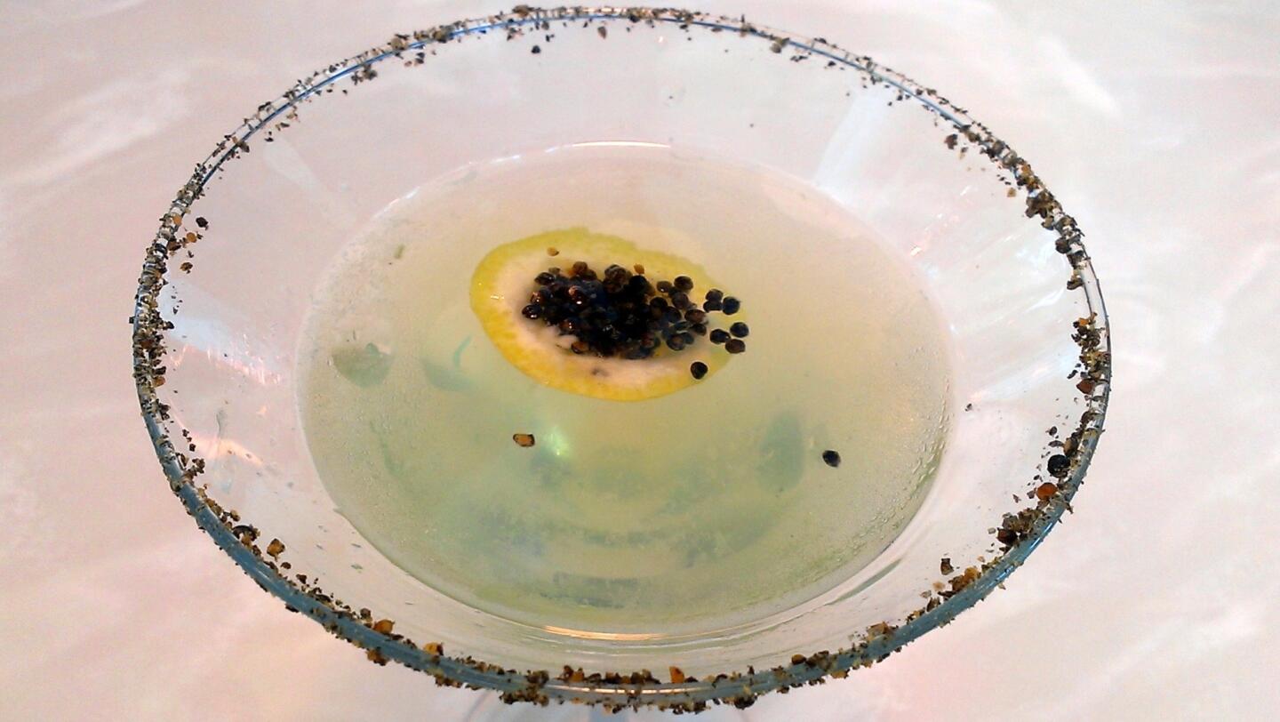 The High Society cocktail at Petrossian: gin, green Chartreuse, St-Germain elderflower liqueur, rose water and caviar powder.