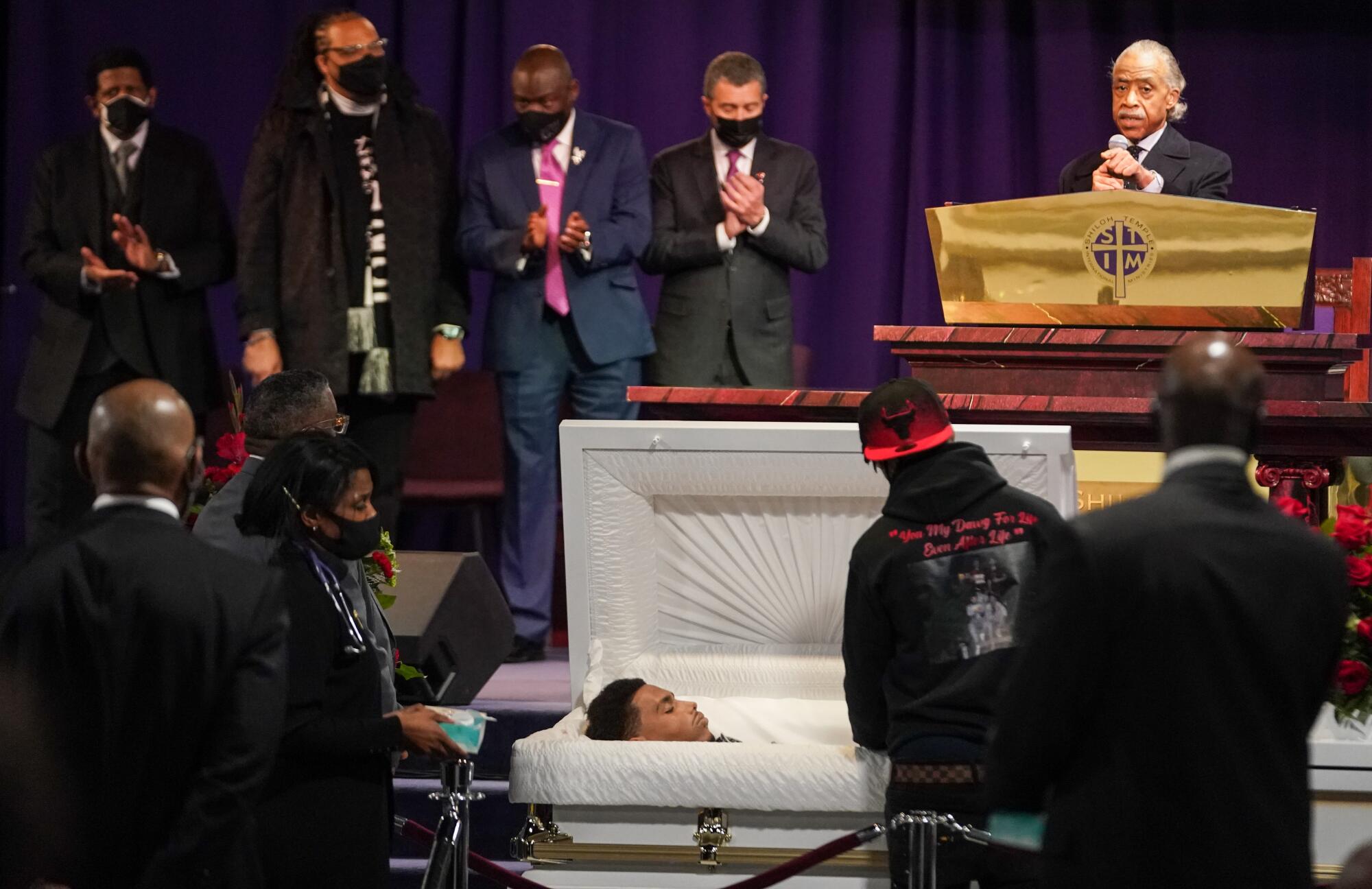 Rev Al Sharpton speaks to the family and community members at the public viewing service of Daunte Wright, 