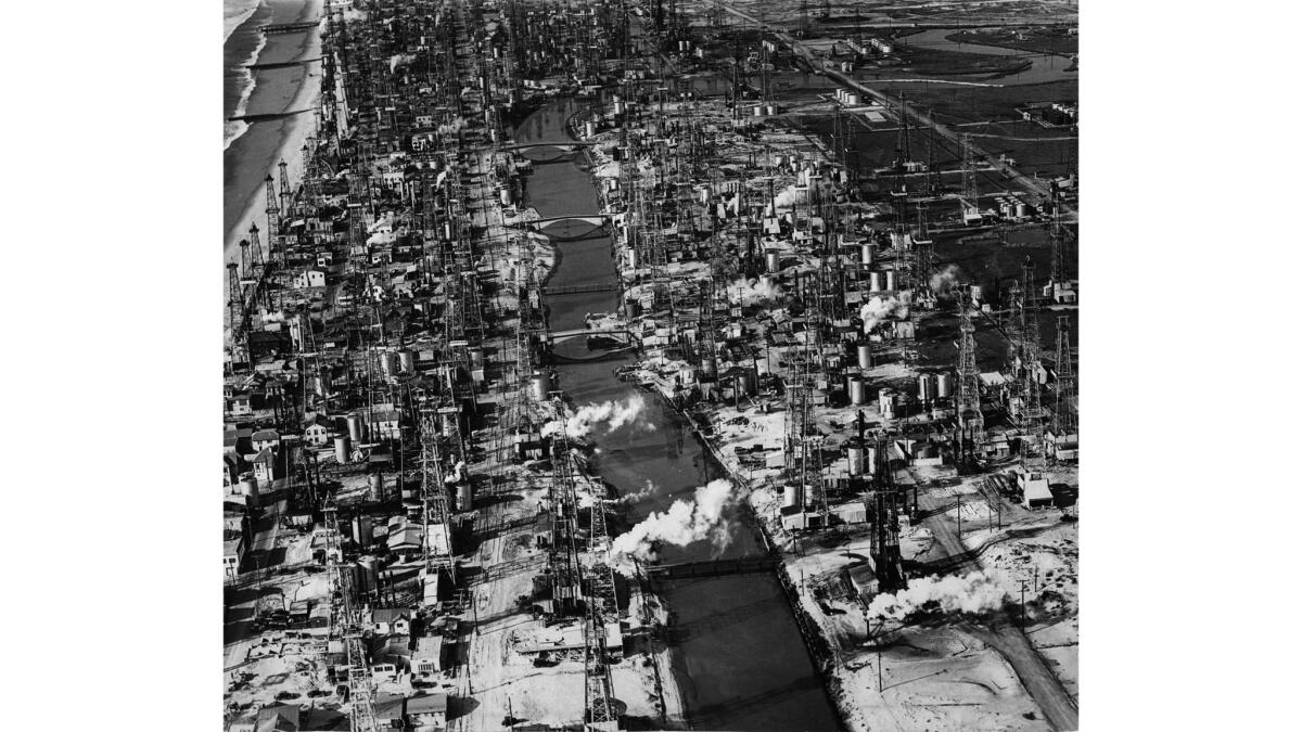 January 1931: The Grand Canal in Venice is surrounded by oil derricks.