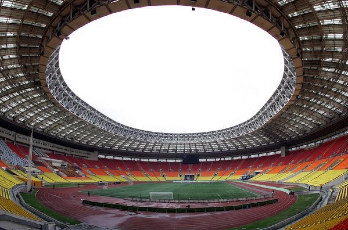 Moscow's Luzhniki Stadium is about to undergo a multiyear closure for renovation as a venue of the 2018 World Cup soccer championship. The rainbow color scheme of the seating, depicted in this 2007 file photo, may not survive the refurbishment now that it is associated with support for gay rights.