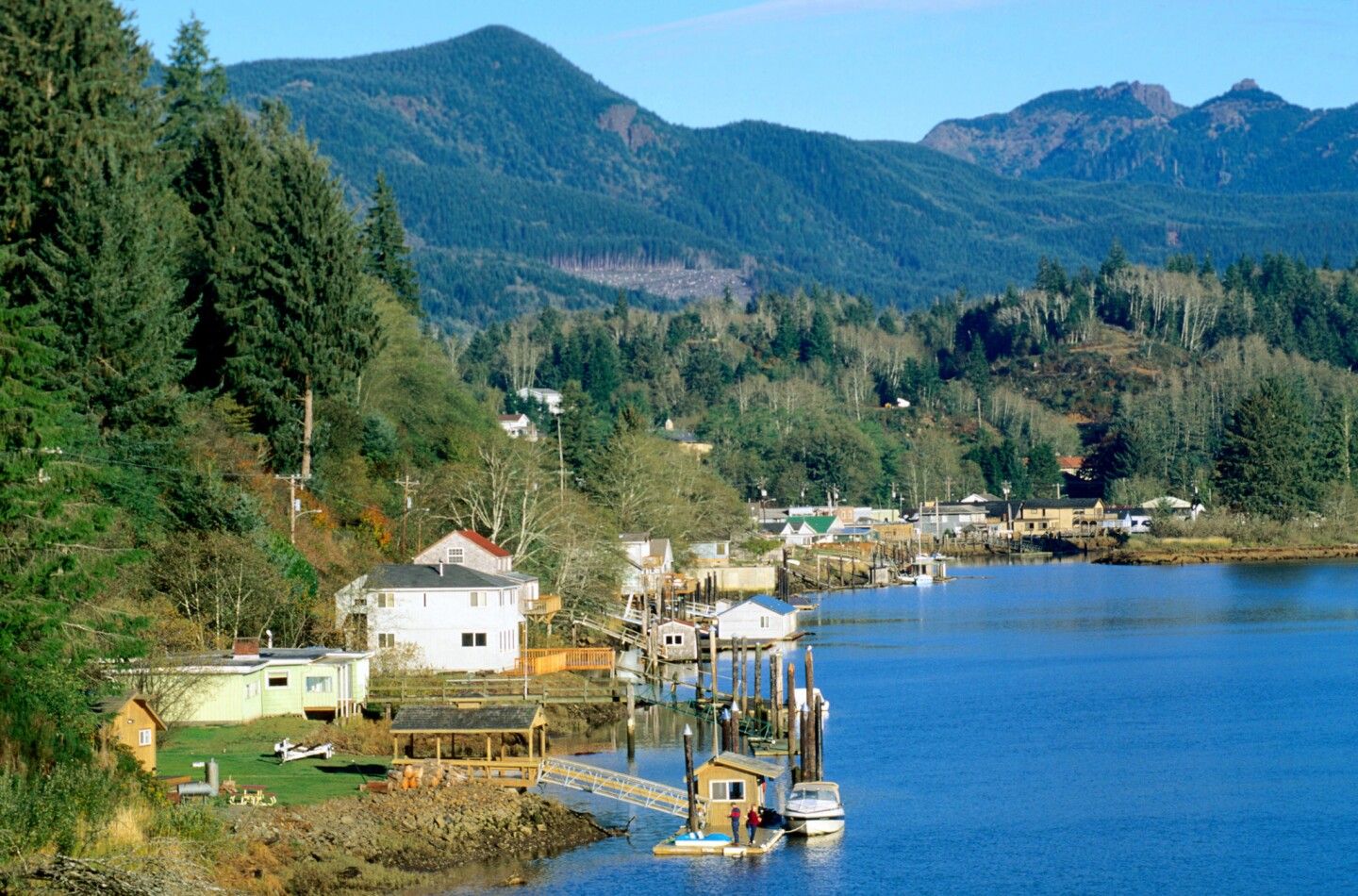 Peaks rise above the small township reaching heights of 3,000 feet in Nehalem Bay, Ore.
