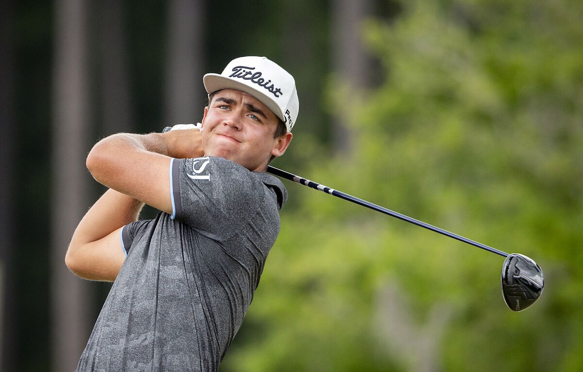 Garrick Higgo hits off the third tee during the final round of the Palmetto Championship.