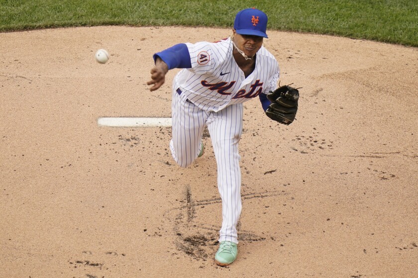 New York Mets' Marcus Stroman delivers a pitch during the first inning of a baseball game against the San Diego Padres, Saturday, June 12, 2021, in New York. (AP Photo/Frank Franklin II)