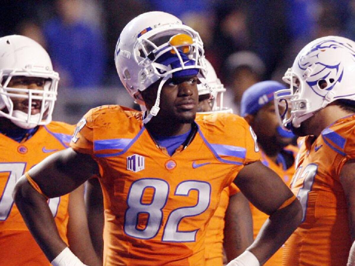 Former Boise State defensive end Sam Ukwuachu watches from the sidelines during an official review during a game against San Diego State on Nov. 3, 2012.