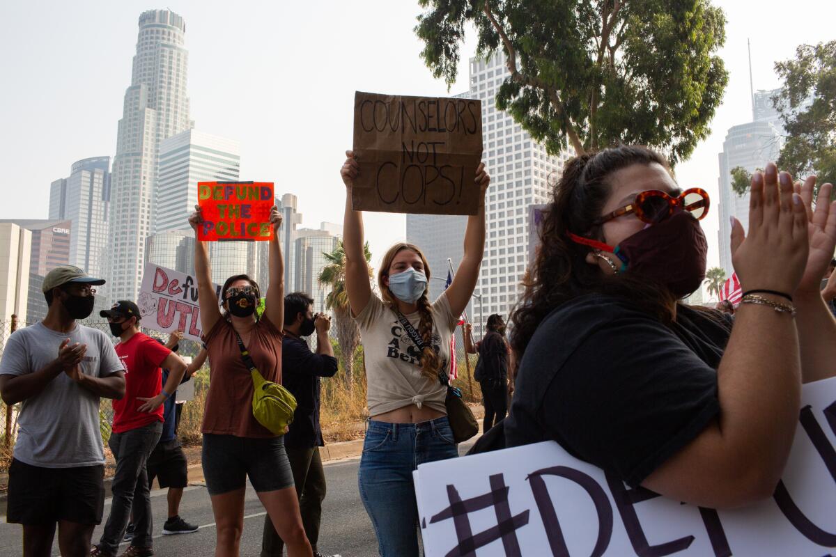 "Defund the police" protesters (and counter-protesters) outside the Los Angeles Unified school board 