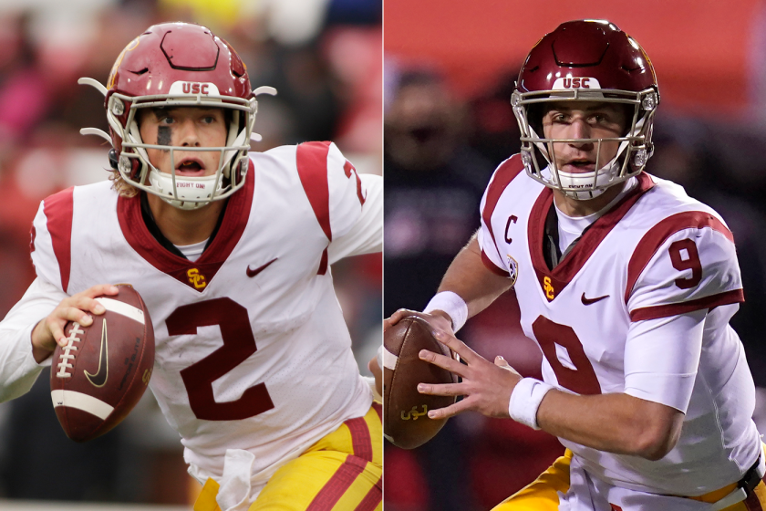 USC quarterbacks Jaxson Dart, left, and Kedon Slovis are battling for the opportunity to start for the Trojans on Saturday against Oregon State.