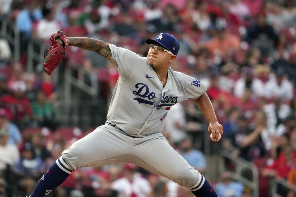 Dodgers starting pitcher Julio Urías delivers against the St. Louis Cardinals on May 18.