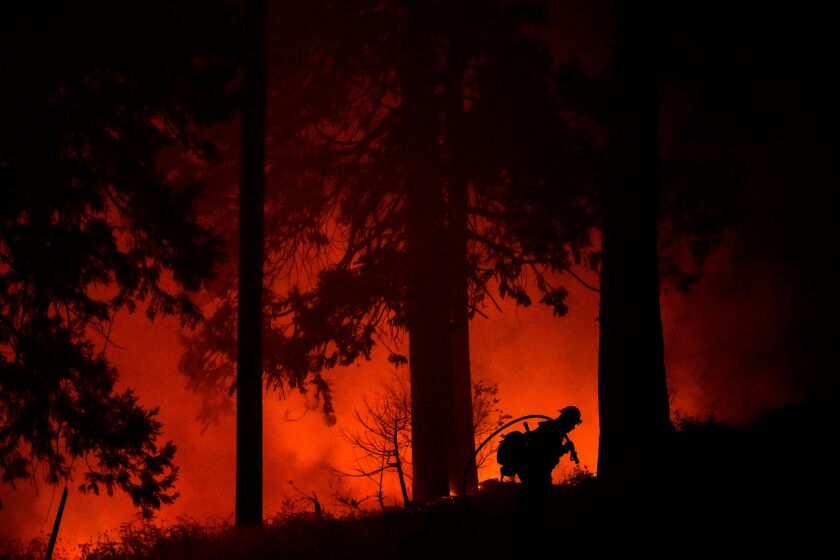 BIG CREEK, CA - SEPTEMBER 06: The Laguna Hotshots Crew out of the Cleveland National Forest battle the Creek Fire as it approaches the Souther California Edison Big Creek Hydroelectric Plant on Sunday, Sept. 6, 2020 in Big Creek, CA. (Kent Nishimura / Los Angeles Times)