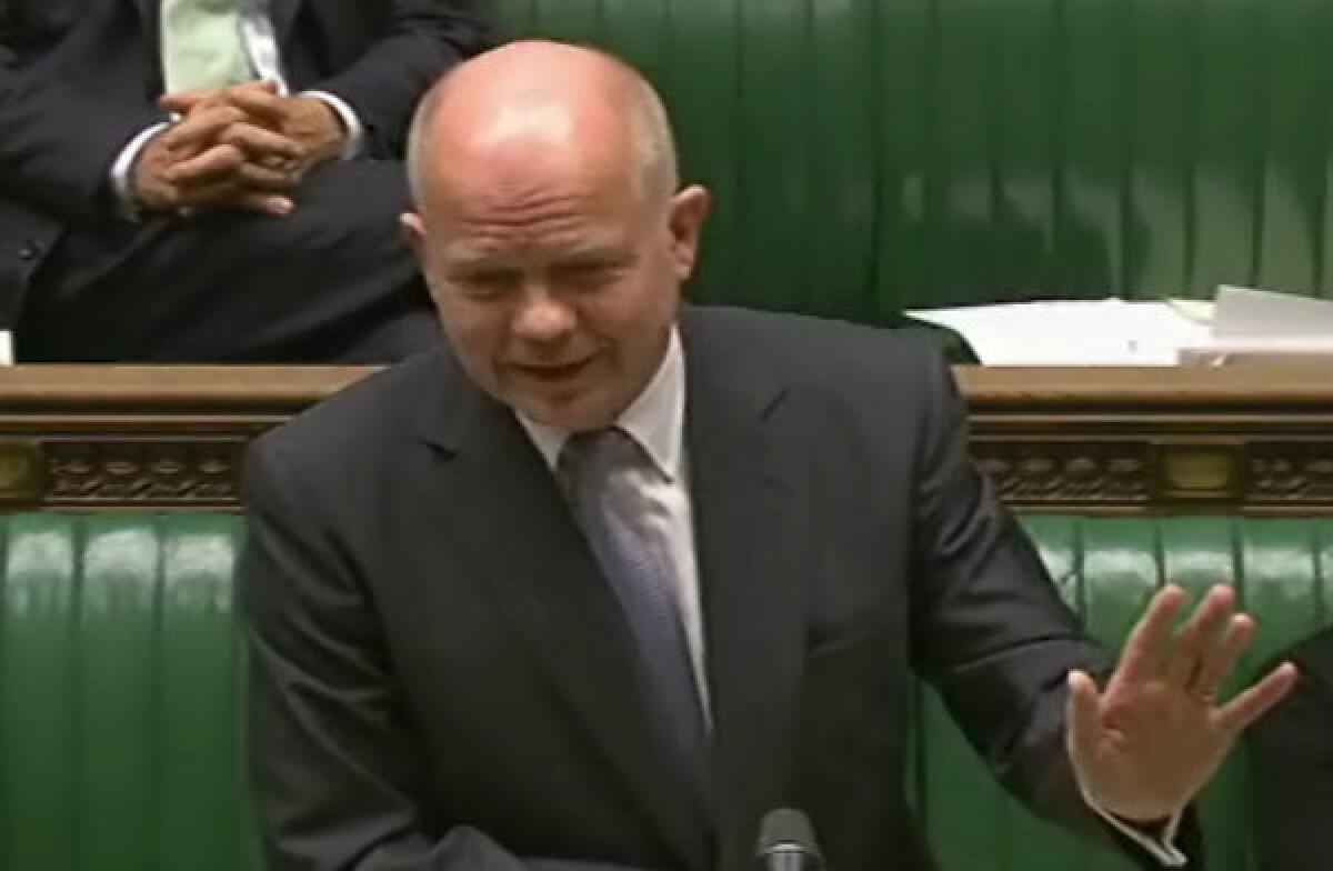 British Foreign Secretary William Hague tells the House of Commons in central London on Thursday the government will compensate more than 5,000 Kenyans who claim they were abused and tortured in prison camps during the Mau Mau uprising of the 1950s and '60s.