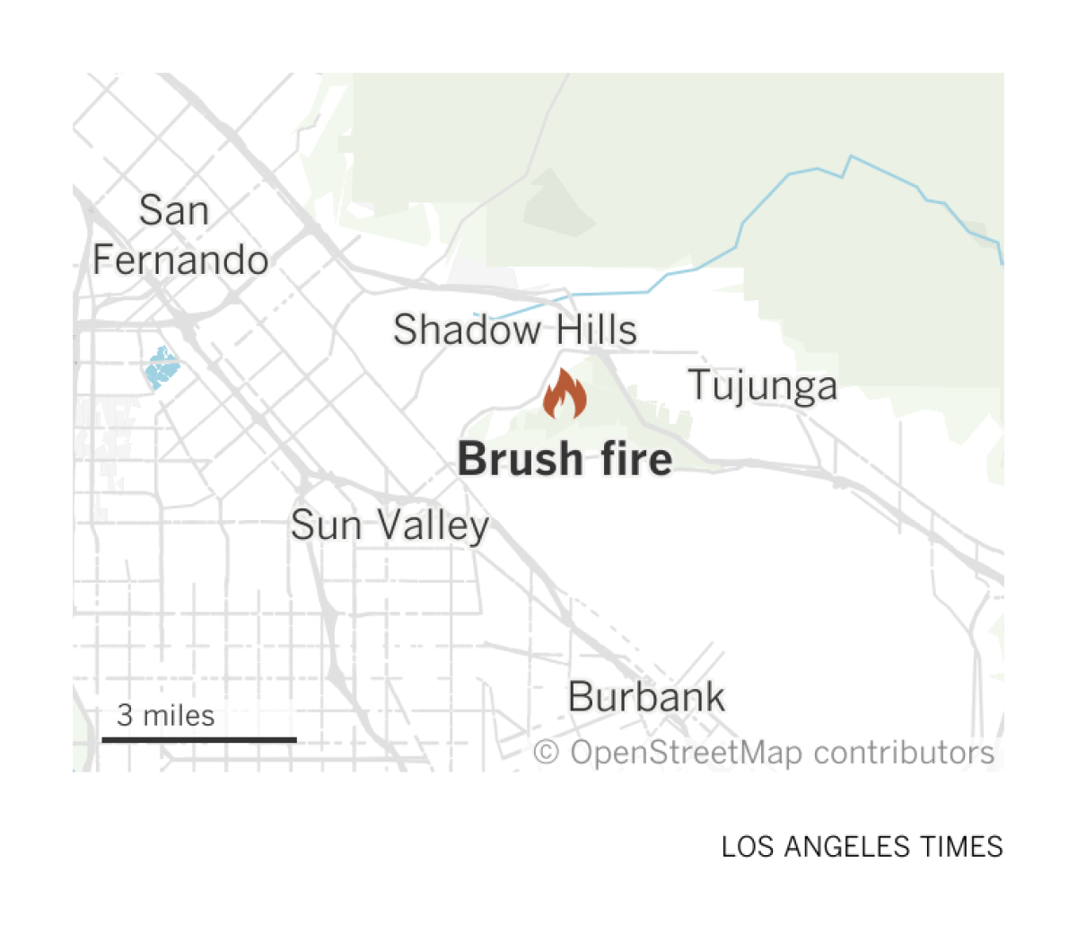 A map of the eastern San Fernando Valley shows the location of a brush fire in Shadow Hills
