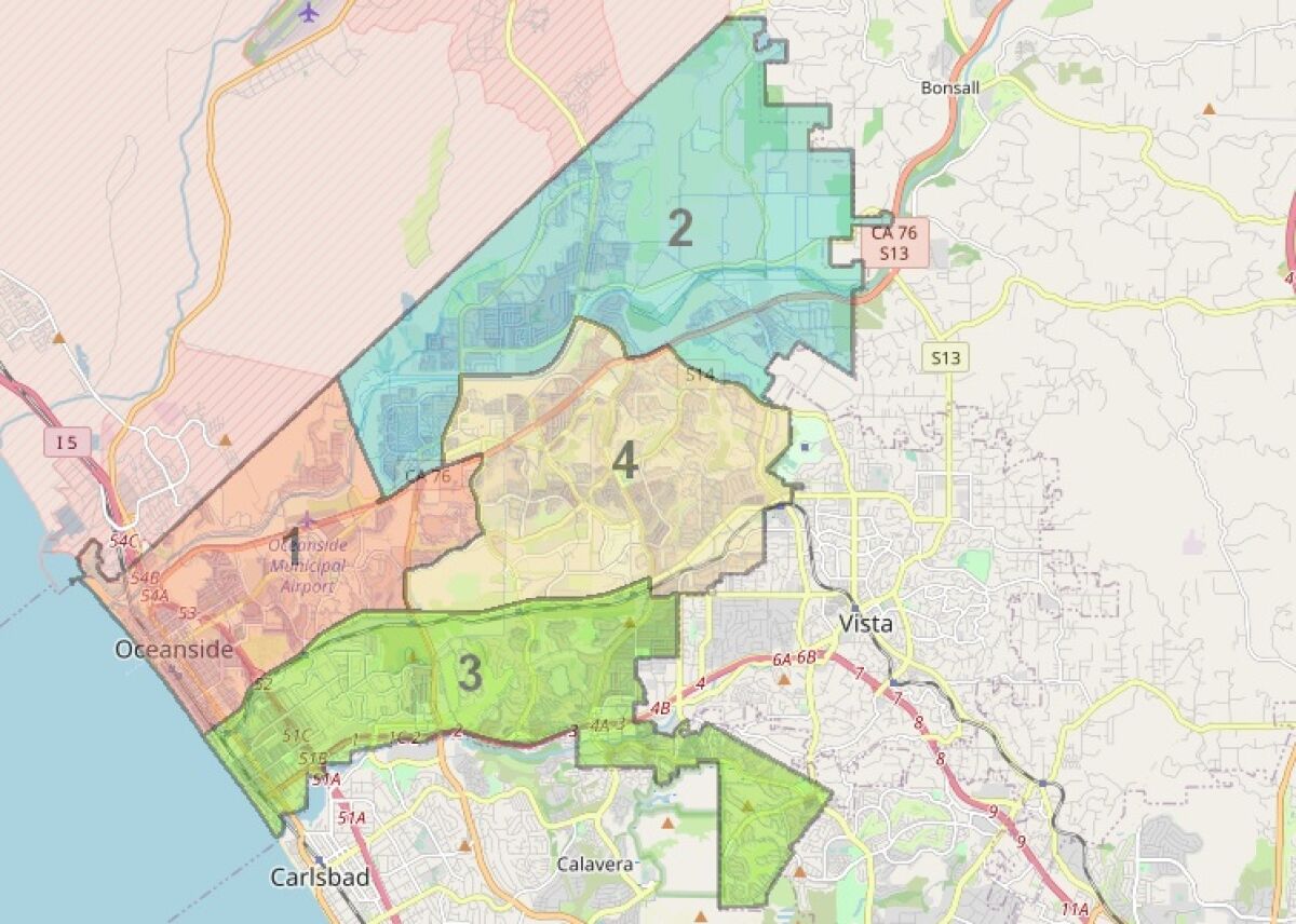 Oceanside is preparing to redraw its City Council district boundaries. This is a map of the existing districts.