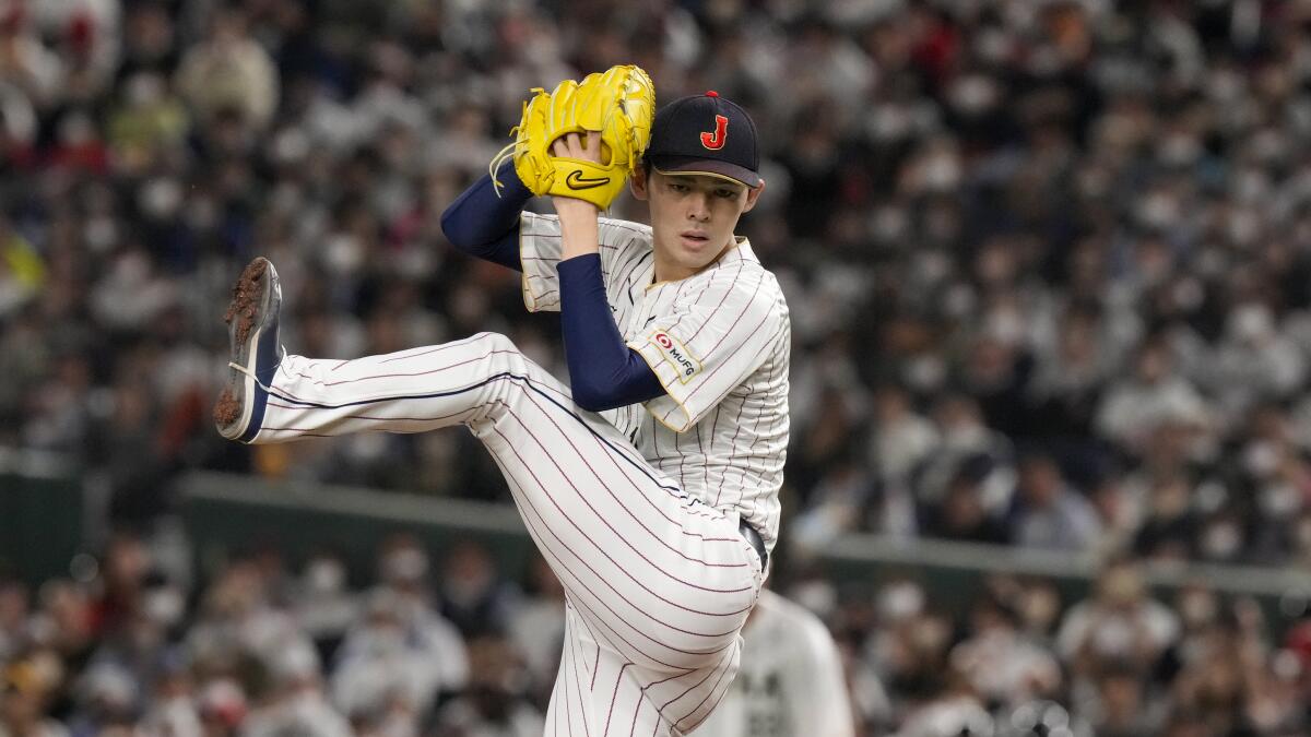 Roki Sasaki of Japan pitches against the Czech Republic at the World Baseball Classic on March 11, 2023, in Tokyo.