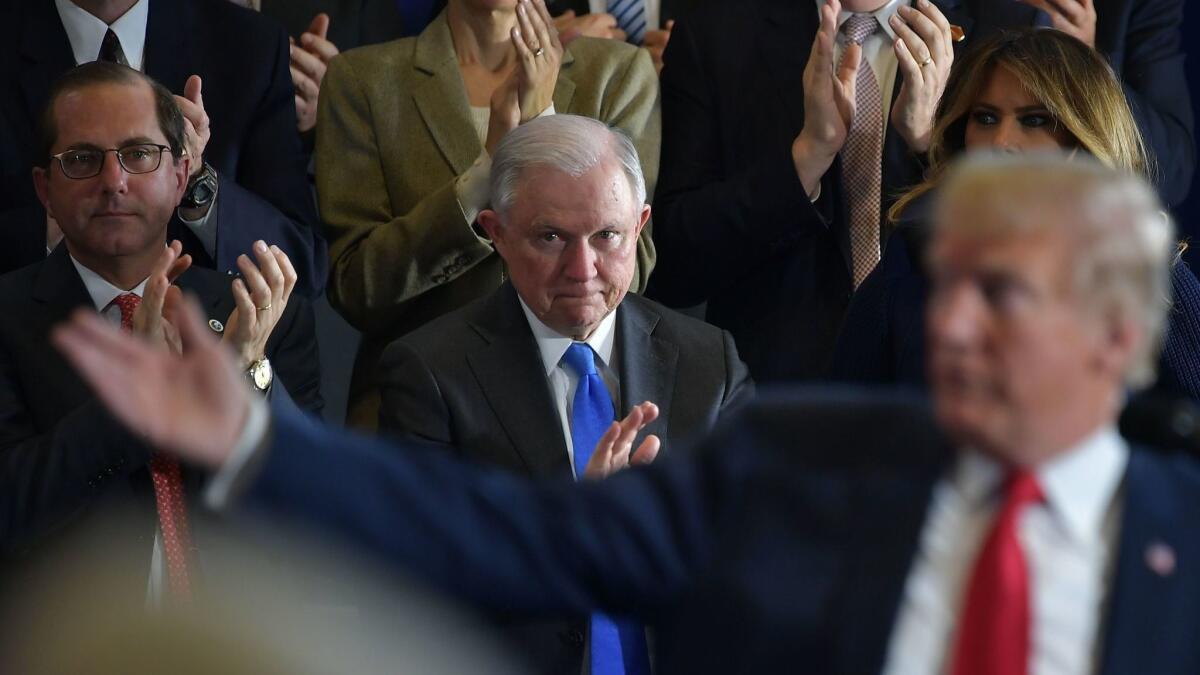 Plotters against those with preexisting conditions: Health and Human Services Secretary Alex Azar (left), U.S. Atty. Gen. Jeff Sessions (center) and President Trump have connived to support a lawsuit to declare Obamacare unconstitutional.