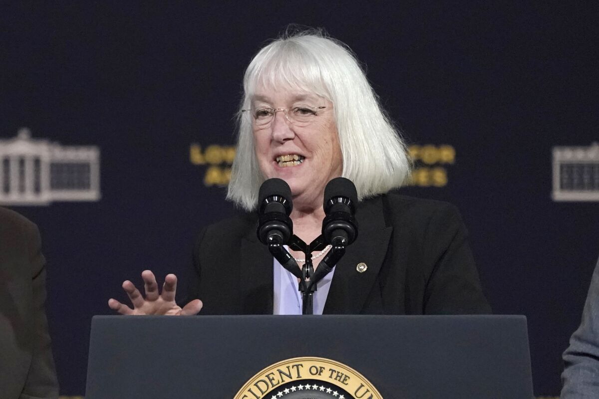 U.S. Sen. Patty Murray, D-Wash., speaks at an event with President Joe Biden on April 22, 2022, in Auburn, Wash., south of Seattle. Murray is being challenged by Tiffany Smiley, a Republican from Pasco, Wash., in the upcoming election. (AP Photo/Ted S. Warren)