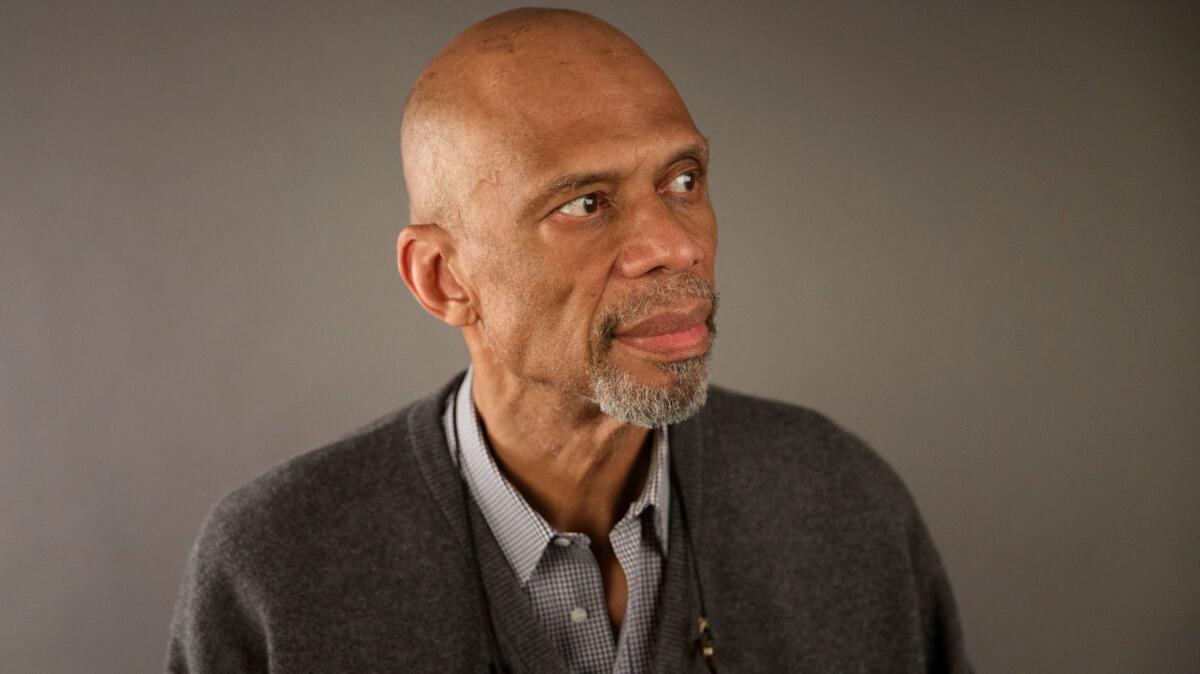 Former NBA star and author Kareem Abdul-Jabbar sits for a portrait during the Los Angeles Times Festival of Books at USC on Saturday, April 22, 2017.