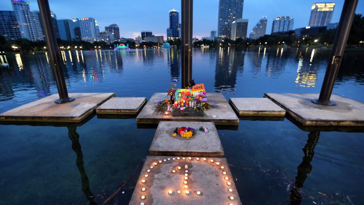 A memorial at Lake Eola in Orlando honors the 49 people killed at Pulse nightclub.